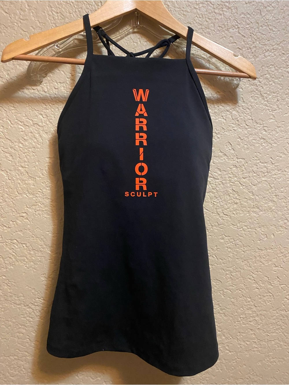 Lorna Jane Black Tank with Bright Orange Vertical 'WARRIOR' Logo